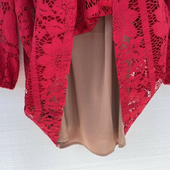 For Love & Lemons Red Daphne Lace Off-Shoulder Long Sleeve Dress Women Sz S $320 - Picture 6 of 12